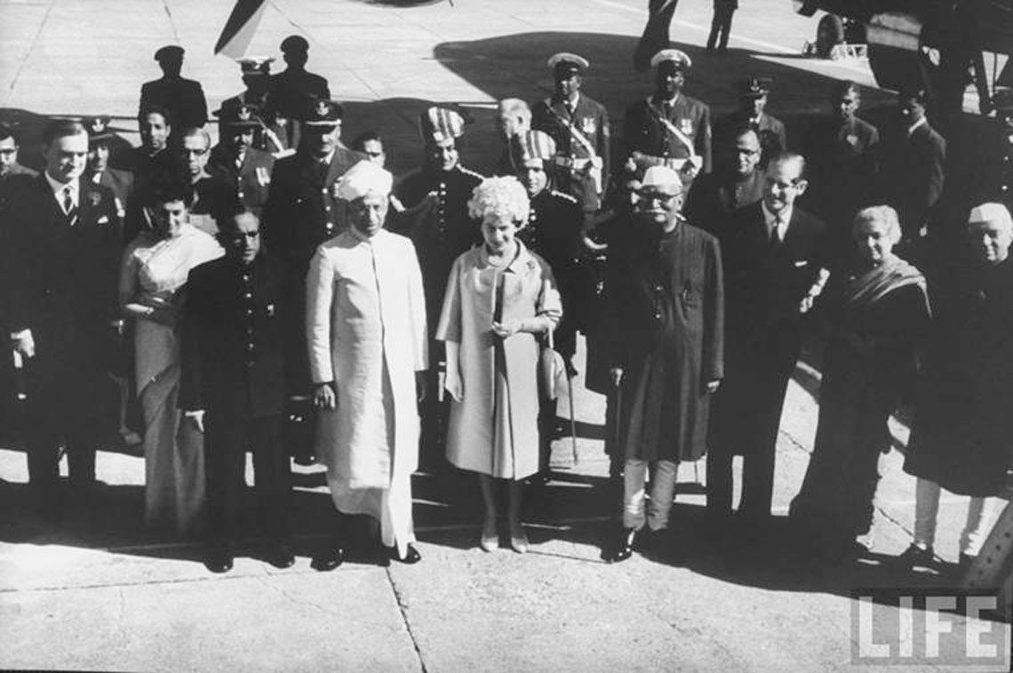 Dr H.K Mahtab (behind Dr Rajendra Prasad) with Her Majesty Queen Elizabeth II, Prince Philips, Dr Sarvapalli Radha Krishnan, The President of India,Dr Rajendra Prasad,  Pandit Jawaharlal Nehru, The Prime Minister of India at New Delhi Airport on 5th March, 1961.