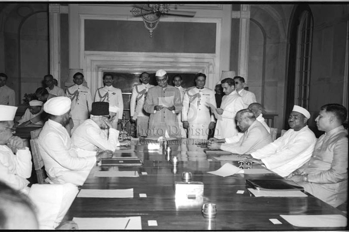 Dr H.K Mahtab (from right) present from left during oath taking ceremony of Cabinet Minister’s by First President of India, Dr. Rajendra Prasad in centre. Also present Pandit Jawaharlal Nehru, Sardar Ballabh Bhai patel, Dr Maulana Kalam Azad and Dr Sarvapalli Radhakrishnan at Central hall of President House in New Delhi on May 29, 1950.