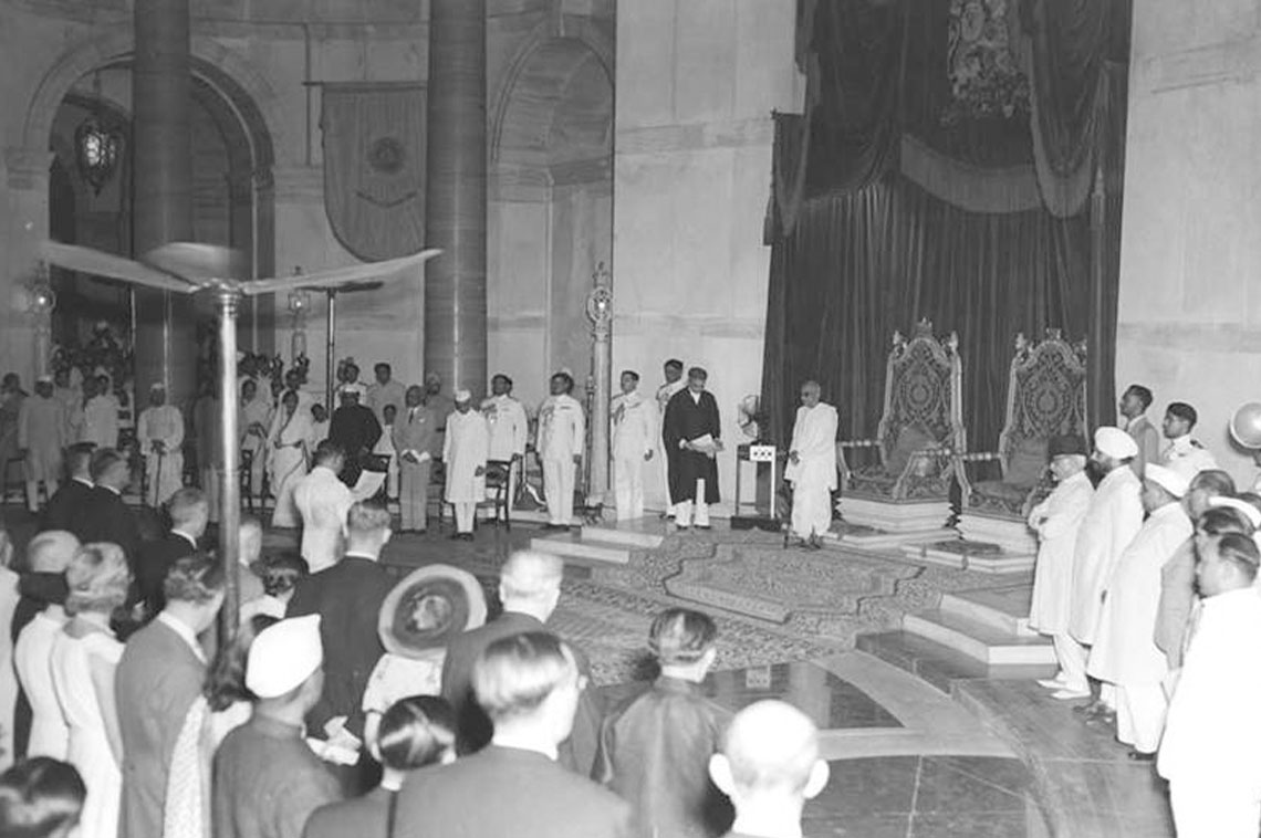Dr Harekrushna Mahtab (in the center), Prime Minister of Odisha delivering the addressing speech at the oath taking ceremony of Dr Rajendra Prasad the first President of Republic India, also seen (from left to right) Pandit Jawaharlal Nehru, Dr C Rajagopalachari, Dr Maulana Abul Kalam Azad and other eminent British Officials at Rashtrapati Bhawan, New Delhi in 1947.
