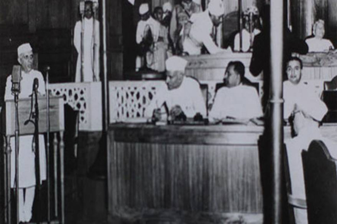 Prime Minister of India, Pandit Jawaharlal Nehru delivering his first welcome speech at Parliament Central Hall on 1948, Dr Harekrushna Mahtab is  sitting in the middle of the dias.  