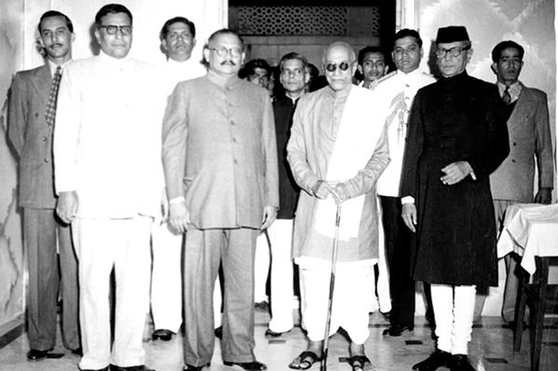 The Prime Minister of Odisha, the Hon'ble Dr Harekrushna Mahtab with H.E. Shri C. Rajagopalachari at Puri Shree Naara in 1947. Left to Right, are seen: The Prime Minister of Odisha, the Hon'ble Dr Harekrushna Mahtab, Raja Sahib of Puri, H.E. Shri C. Rajagopalachari the Governor-General and H.E. Shri Asaf Ali, Governor of Odisha.  