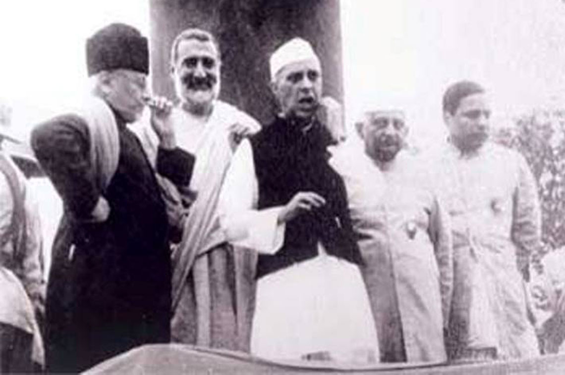 Pt. Jawaharlal Nehru with Maulana Abul Kalam Azad, Abdul Ghaffar Khan, Bhulabhai Desai, Dr Harekrushna Mahtab and Dr. Rajendra Prasad near the flag post after the flag hosting ceremony at Ramgarh session of the Congress in 1940

 