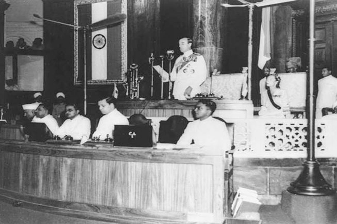Lord Mountbatten transferring his power to Dr Rajendra Prasad at Parliament House, New Delhi in 1947, Dr Rajendra Prasad and Dr H.K Mahtab (from second left) along with others were present on the lower dias. Also Lady Mountbatten can been seen sitting right to Lord Mountbatten.
