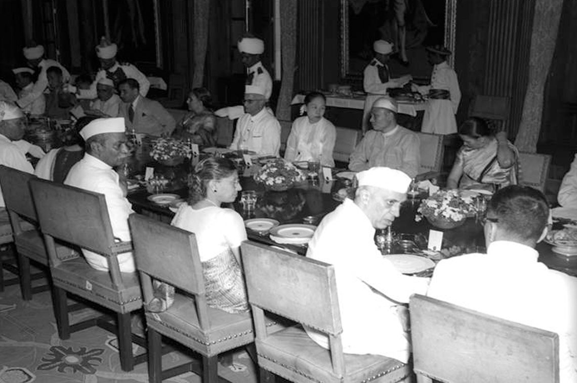 Pandit Nehru discussing with Dr H.K Mahtab during the lunch hosted by President of India Dr Rajendra Prasad in honour of Prime Minister of Burma on October 22nd , 1951 at Rasthrapathi Bhawan, New Delhi. Dr Rajendra Prasad, President of India is also present.