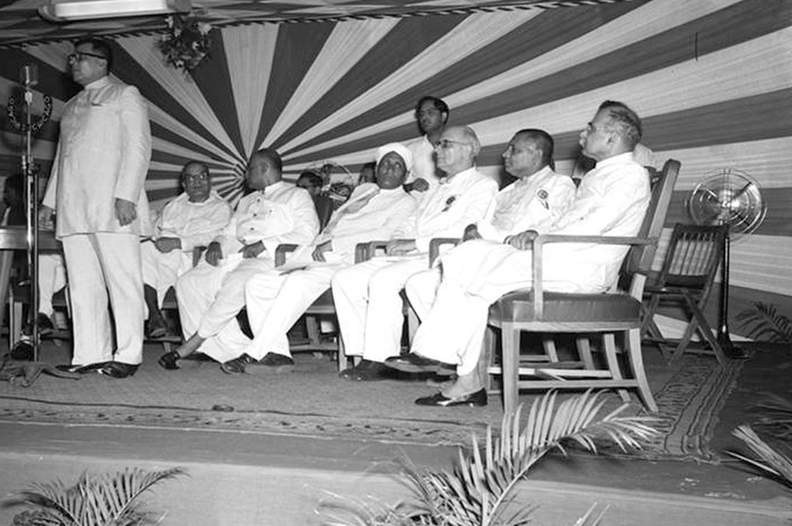India’s fourth National Laboratory, the Central Glass and Ceramic Research Institute, was formally opened on August 27, 1950 at Jadavpur near Calcutta, by Shri Harekrushna Mahtab Union Industry Minister Govt. of India.Photo shows the Hon ble Shri Harekrushna Mahtab, Minister for Industry and Supply, Government of India, speaking at the opening ceremony. Behind him are seated left to right: Dr. B.C. Roy, Dr. S.P. Mookherji, Dr. C.V. Raman, Mr. B. Mathews and others.