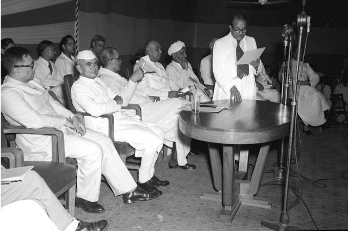   India’s fourth National Laboratory the Central Glass and Ceramic Research Institute, was formally opened on August 27, 1950 at Jadavpur near Calcutta by Shri Harekrushna Mahtab Union Industry Minister Govt. of India. – Photo shows Dr. K.N. Katju delivering his address on the occasion. 
Shri Harekrushna Mahtab Union Industry Minister Govt. of India, Governor of West Bengal, Dr. S.P. Mookherjee, Dr. B.C. Roy, Dr. C.V. Raman and other prominent guests can be seen in the photo
