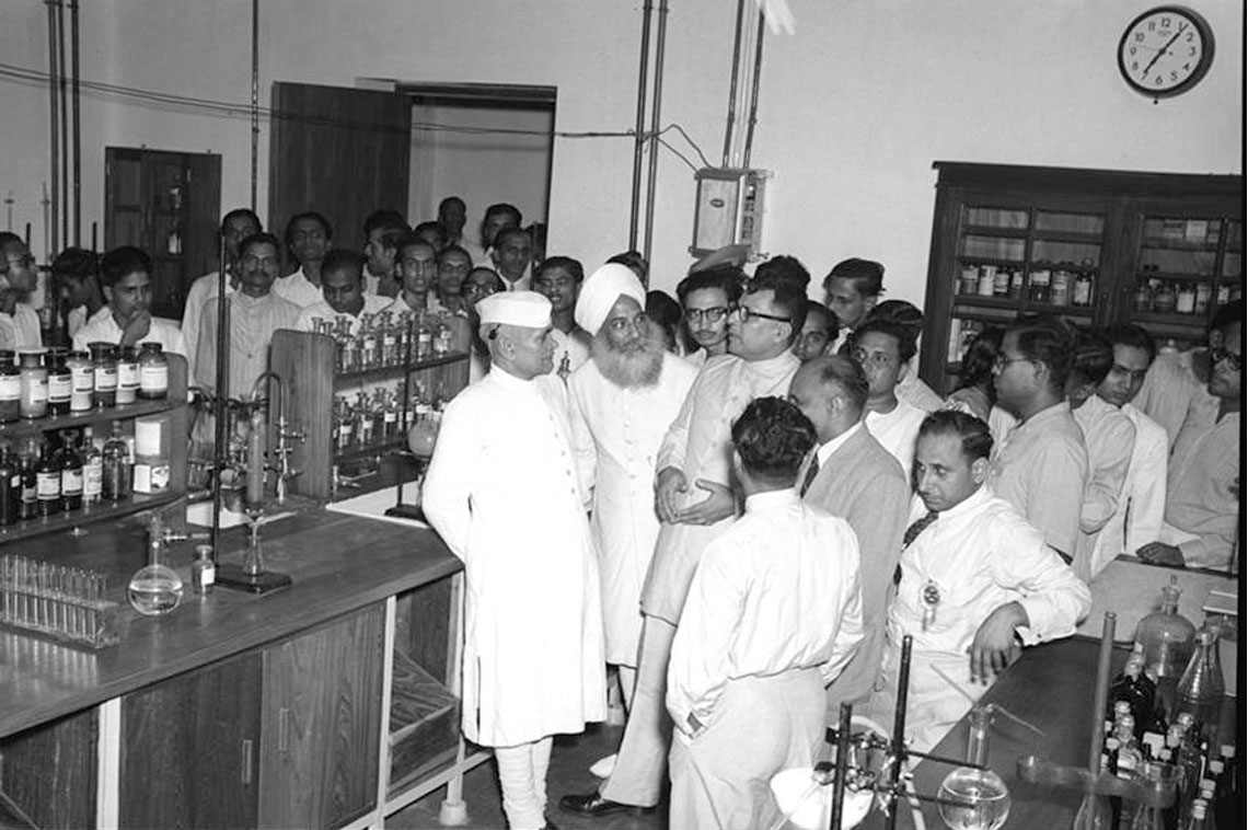 India’s fourth National Laboratory, the Central Glass and Ceramic Research Institute, was formally opened on Saturday, August, 27, 1950 at Jadavpur near Calcutta by Shri Harekrushna Mahtab Union Industry Minister Govt. of India, Dr. B.C. Roy, Chief Minister of West Bengal. 
Dr. K.N. Katju, Governor of West Bengal presided. Photo shows Dr. K.N. Katju inspecting the Laboratories of the Institute.