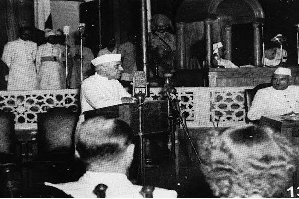 Dr H.K Mahtab standing behind Pandit Nehru from left during oath taking ceremony of Pandit Jawaharlal Nehru as First Prime of India