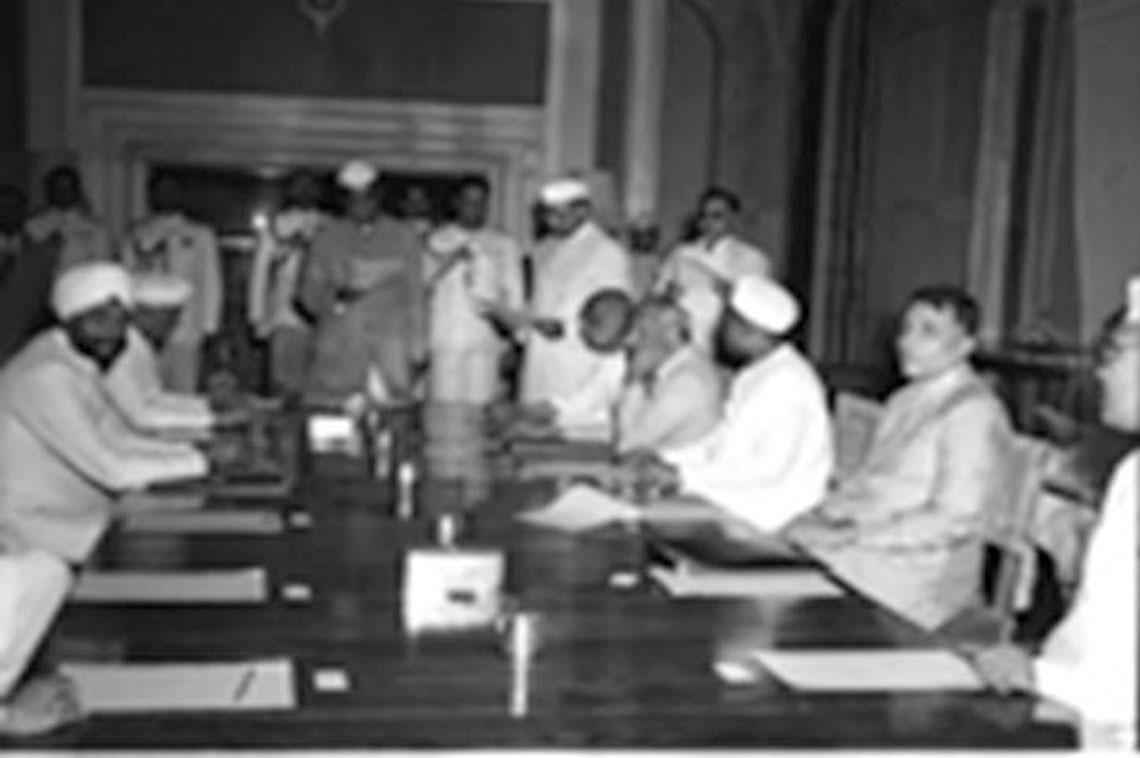Dr H.K Mahtab present from left during oath taking ceremony of Cabinet Minister’s by First President of India, Dr. Rajendra Prasad in centre. Also present Pandit Jawaharlal Nehru, Sardar Ballabh Bhai patel, Dr Maulana Kalam Azad and Dr Sarvapalli Radhakrishnan at Central hall of President House in New Delhi on May 29, 1950. 