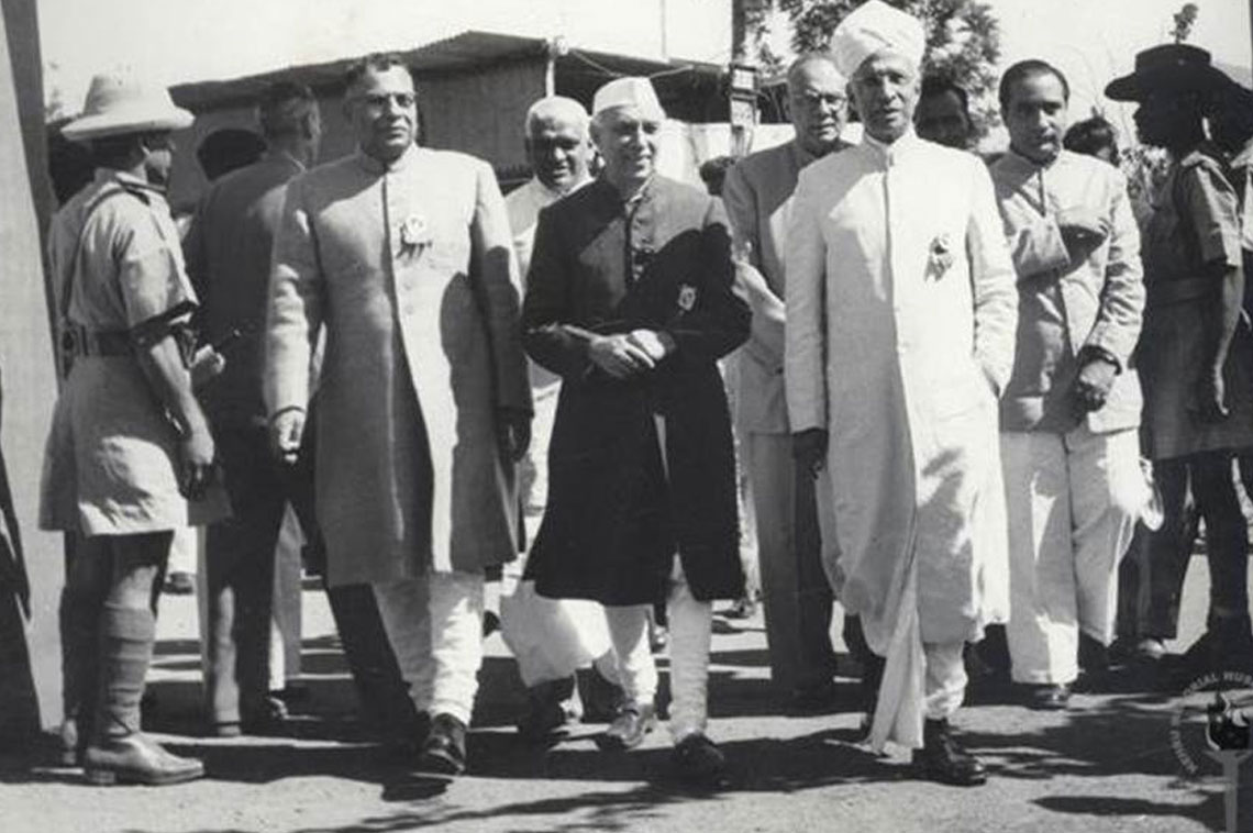 Harekrushna Mahtab, Jawaharlal Nehru, S. Radhakrishnan, A.N. Khosla and others coming after attending a function. 